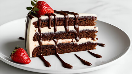 chocolate cake with strawberries on white background