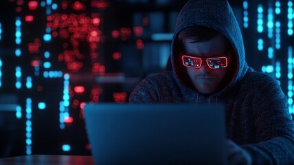 A modern cybersecurity superhero character focused on laptop, wearing futuristic glasses, surrounded by digital data streams