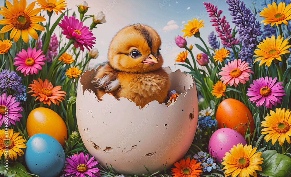 Poster baby chick is sitting in an eggshell in a field of flowers. there are many flowers in the background