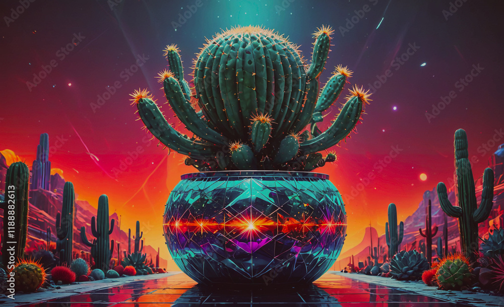 Poster Cactus is in a bowl with a colorful background. The background has a lot of different colors and shapes
