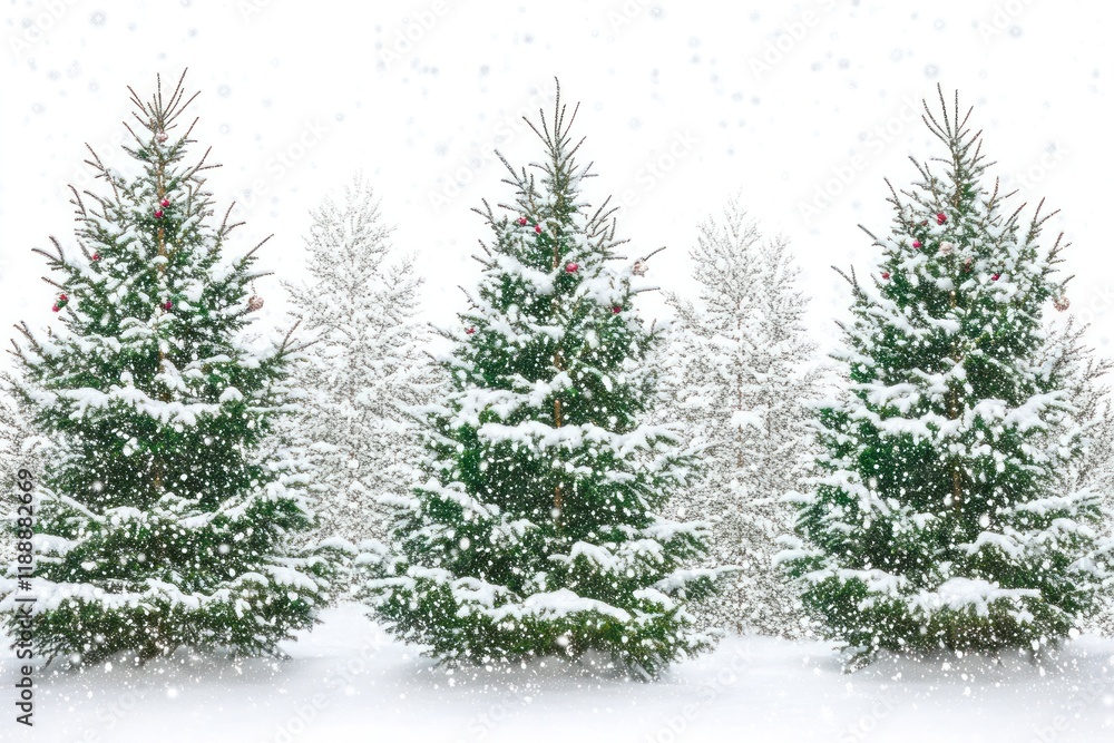 Poster snow-covered pine trees with festive decorations in a serene winter landscape, soft snowfall adding 