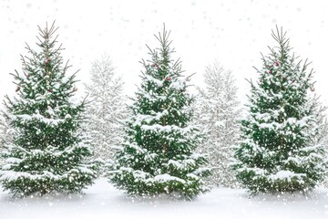 Obraz premium Snow-covered pine trees with festive decorations in a serene winter landscape, soft snowfall adding a magical touch