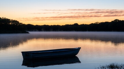 Obraz premium Serene sunrise over misty lake with small boat.