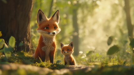 Naklejka premium Mother fox and baby fox in a sunlit forest. Wildlife and family bond concept. Ideal for nature articles, educational content, and storytelling visuals. 