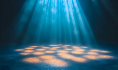 Underwater spotlight stage, ocean floor, dark background, product display