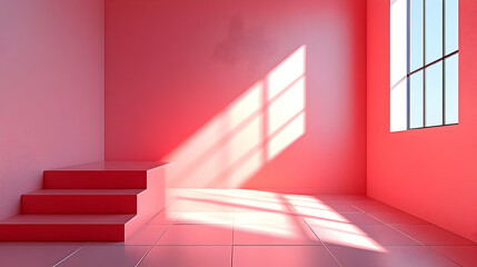 Fototapeta premium Pink room, stairs, sunlight, backdrop, product display