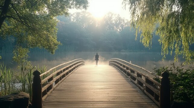 Person walking on a wooden bridge over a calm lake at sunrise. - Powered by Adobe
