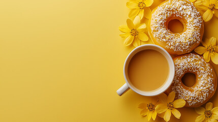 A yellow-toned still life showcasing donuts, a cup of coffee, and yellow flowers arranged