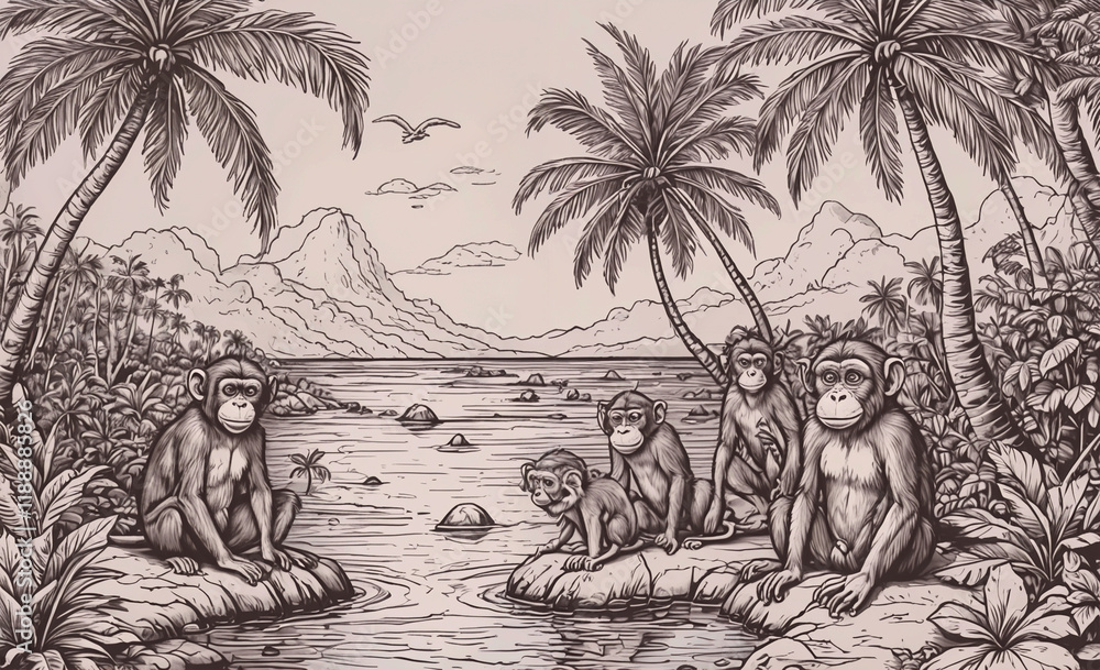Poster group of monkeys sitting on a rock by a body of water. there are four monkeys in total