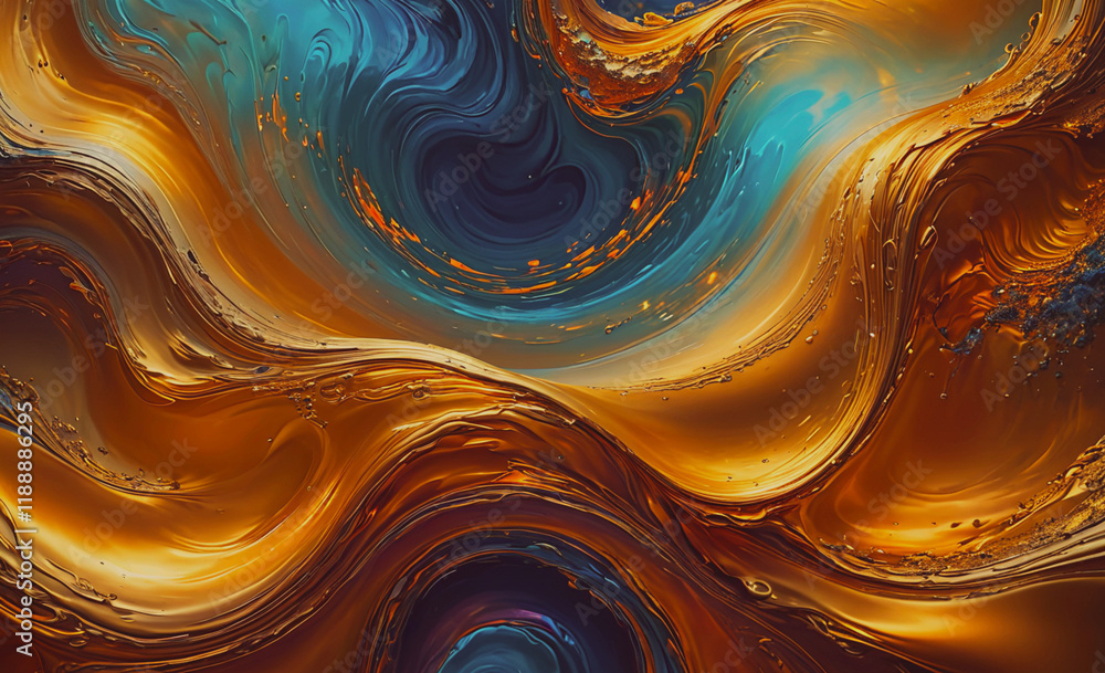 Poster painting of a wave with a blue and gold swirl. the blue is in the middle of the wave and the gold is