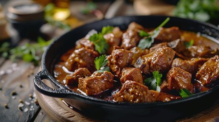 Fototapeta premium Tasty braised pork in brown sauce, with chunks of tender, succulent pork, a rich and savory sauce, and a touch of aroma. A classic and beloved dish