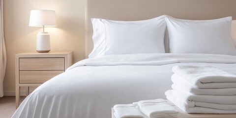 Luxury hotel room bedroom shows crisp white linens. Neatly arranged duvet, pillowcases, towels on luxurious bed. Scene evokes comfort, relaxation. Soft white bedding, towels. Clean, pressed hotel