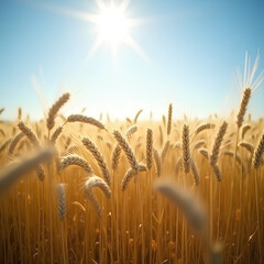 Fototapeta premium Champ d’orge sous un ciel bleu et ensoleillé : vue en contre-plongée. Concept d’agriculture et d’agronomie