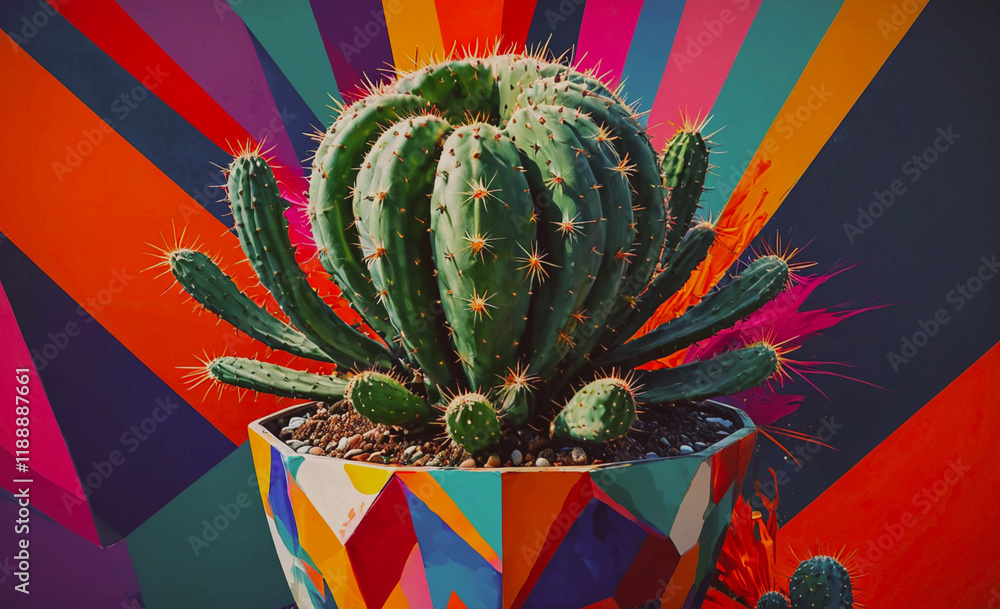 Poster Cactus is in a colorful pot. The frame is in a colorful background