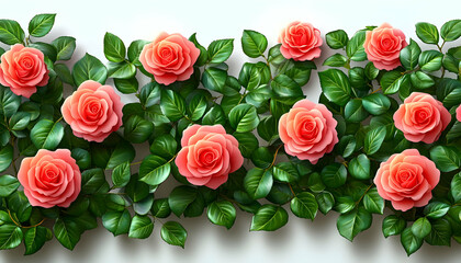Obraz premium Peach Roses, Lush Foliage, Border, Seamless, Design