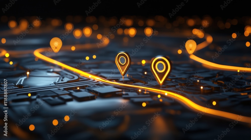 Poster futuristic, stylized map with glowing pinpoints and illuminated pathways, suggesting a network of in