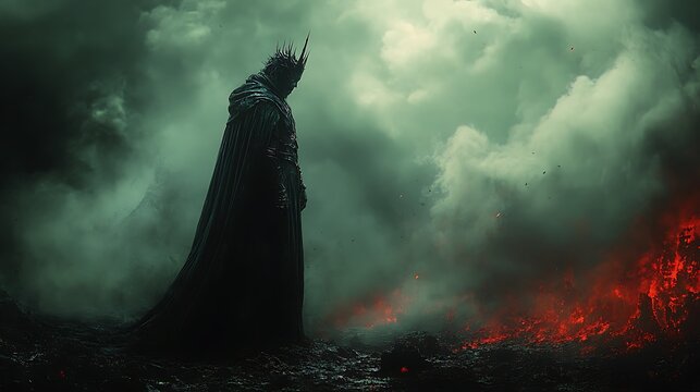 Dark fantasy king in crown and cape overlooking fiery landscape.