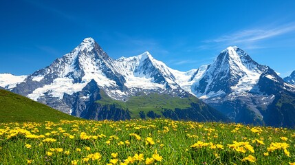 Majestic snow-capped Alps mountains and vibrant yellow wildflowers meadow under a clear blue sky.
