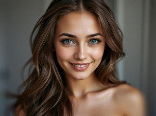 Fototapeta premium Headshot closeup portrait of a handsome and cheerful young european white skin beautiful woman. Confidence, happy face and smiling female. Portrait of a joyful person looking at the camera. Background