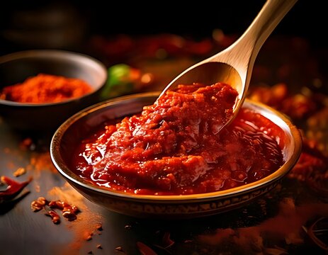 Tablespoons of gochujang, a Korean chili paste, ready for cooking