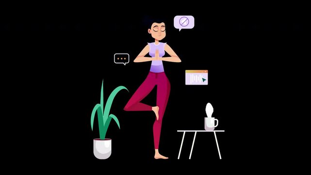 A calm woman practicing yoga in a minimalistic space, surrounded by a plant and objects symbolizing mindfulness.