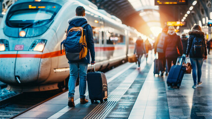 Fototapeta premium In a busy station, passengers hurry to board sleek, high-speed trains, representing the future of fast, convenient, and efficient mass transportation.