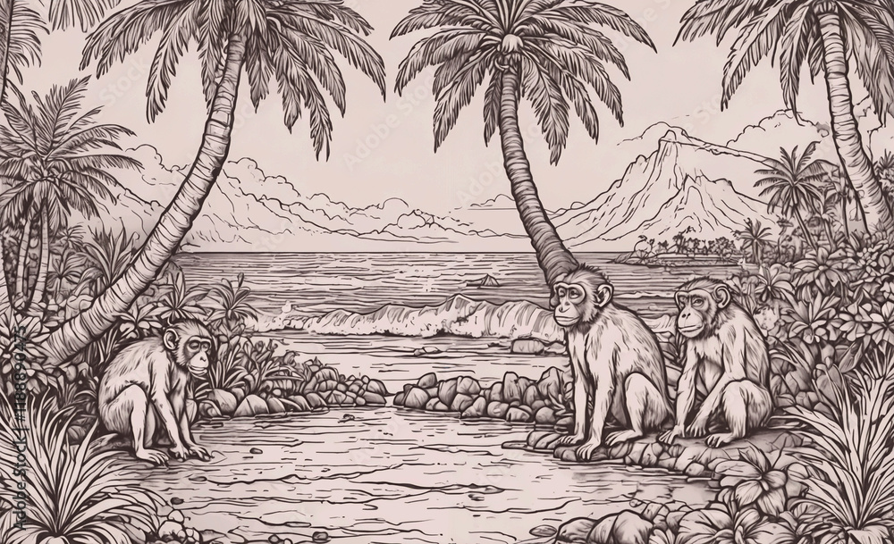 Poster three monkeys are sitting on a rock near a body of water. one of the monkeys is looking at the camer