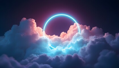 3d render, abstract cloud illuminated with neon light ring on dark night sky. Abstract 3d render of a glowing neon light ring. Futuristic geometric design with vibrant lighting effects