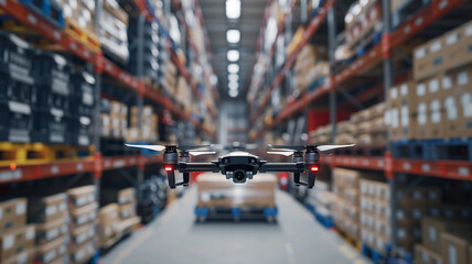 Obraz premium A drone scans barcodes across towering warehouse shelves, transmitting data to the logistics team to refine tracking and boost inventory management accuracy.