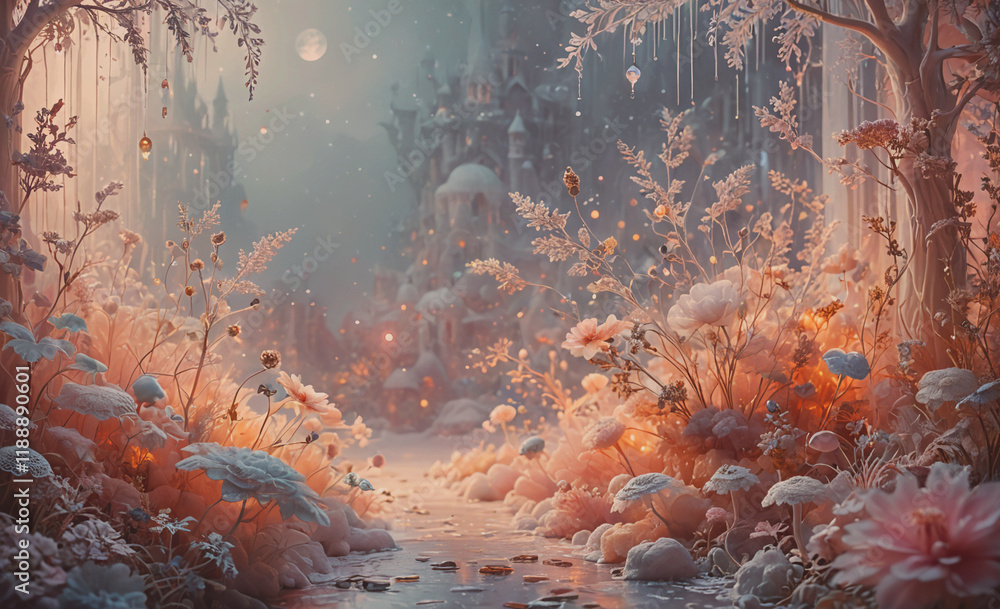 Poster painting of a snowy forest with a castle in the background. the castle is surrounded by trees and fl