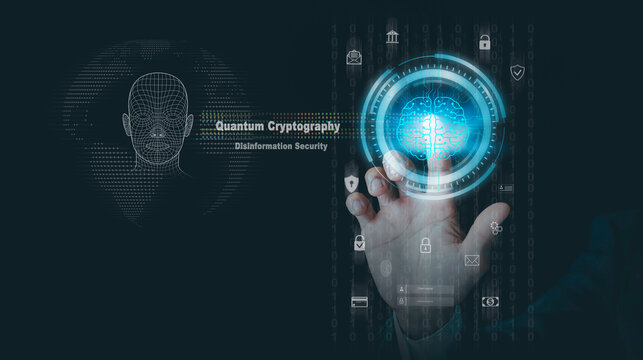 Post Quantum Cryptography and Disinformation Security concept. Digital transformation towards Quantum Deep Learning Artificial Intelligence AI Technology Computing Innovation Big Data Algorithms.