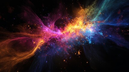 A mesmerizing burst of vibrant colors illuminates the expansive dark environment, resembling dazzling fireworks in a captivating cosmic celebration that fills the universe with beauty and energy