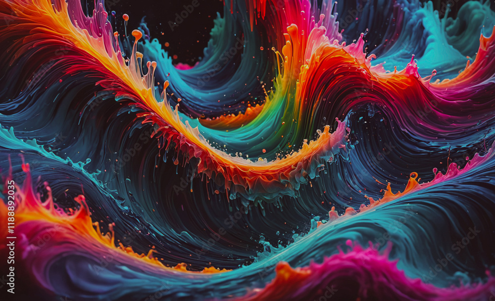Poster Colorful wave with a splash of blue. The wave is made up of many different colors. The colors are red, blue, and green