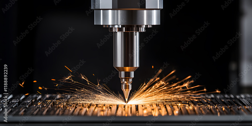 Poster precision laser cutting in action, sparks flying from the intense heat. a close-up view of the intri