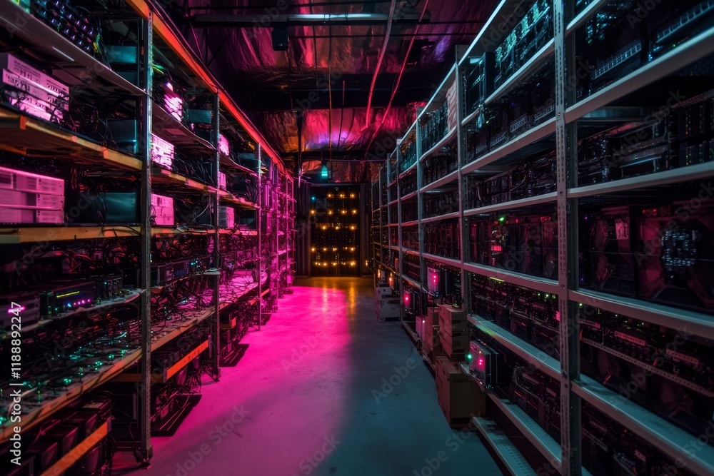 Poster a modern server room with multiple racks is vital for efficient data processing and cryptocurrency m
