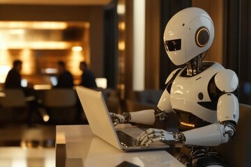 Robot working on a laptop in a modern office setting during evening hours