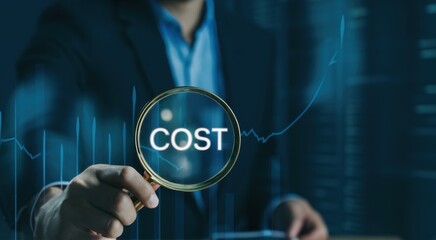 business executive, magnifying glass, cost analysis, financial data, blue tones, digital background, stock market charts, corporate finance, expense management, budget optimization, data visualization