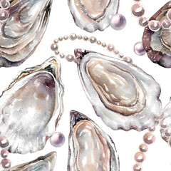 Naklejka premium Sea oysters in shells with pearls. Seafood hand drawn watercolor illustration isolated on white