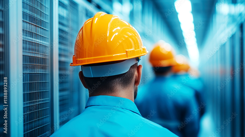 Poster safety protocol implementation by engineers in data center operations management indoor facility pro