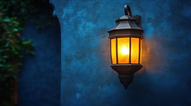 Illuminated wall-mounted lantern on blue textured wall.