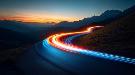 Futuristic Mountain Highway at Night, Glowing with Speed and Neon Light, Dynamic Composition