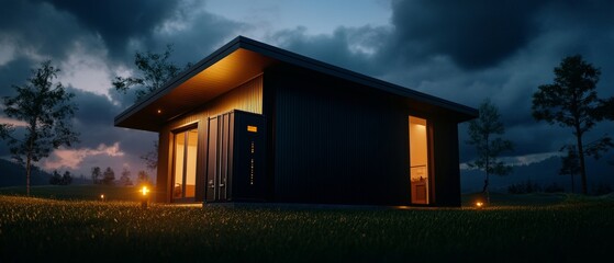 A modern home illuminated at dusk, surrounded by nature and trees