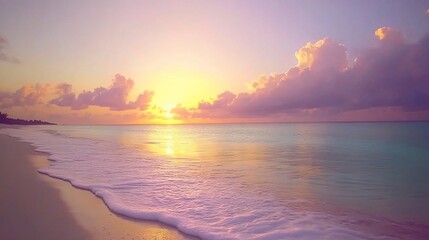 Fototapeta premium Serene sunset over calm ocean waves gently lapping a sandy beach.