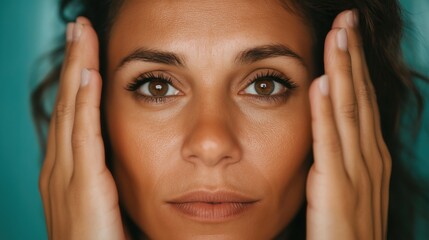 Fototapeta premium A woman holds her face in a lively manner, joyfully embodying the spirit of National Frozen Food Day