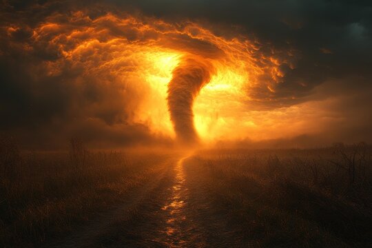 Majestic tornado spirals through a golden sunset over a serene landscape