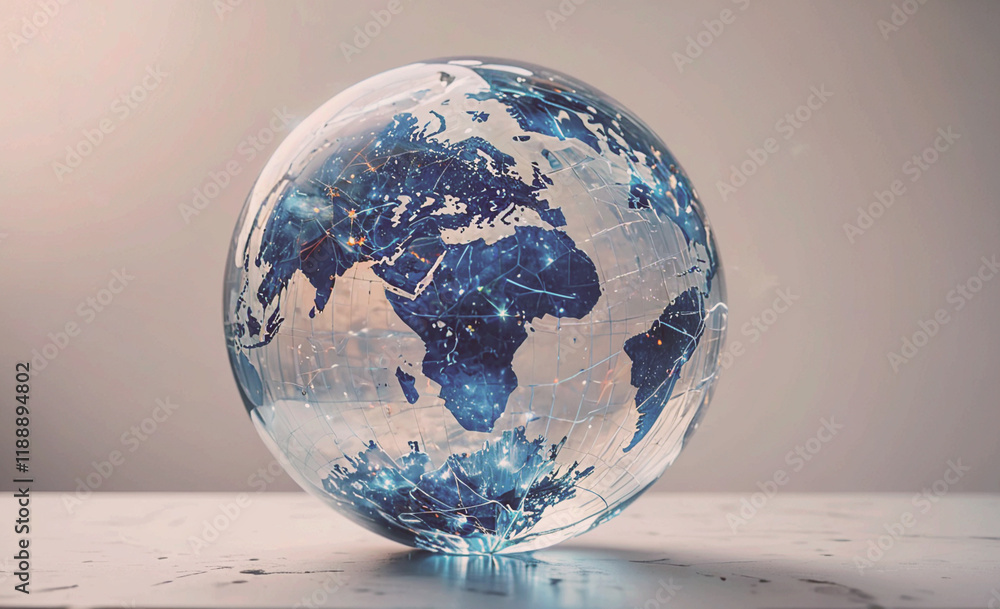Poster clear globe with a blue and white design. the globe is on a table. the globe is a representation of 