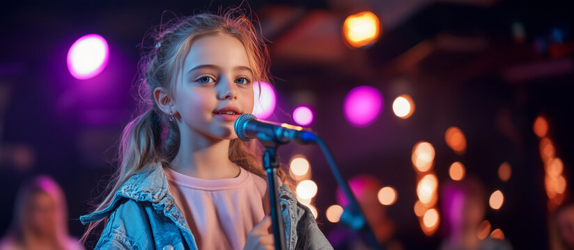 young girl singing at a talent show with a microphone showcasing her creativity and vocal talent. A young girl sings joyfully into a microphone, showcasing her passion for music.