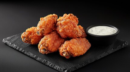 Fried chicken wings, accompanied by dressing, are isolated on a black board, creating a visually striking and deliciously simple presentation.