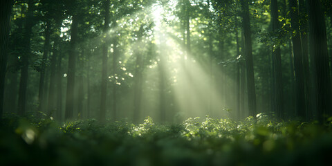 Fototapeta premium Sunbeams pierce a lush, misty forest, illuminating the forest floor.