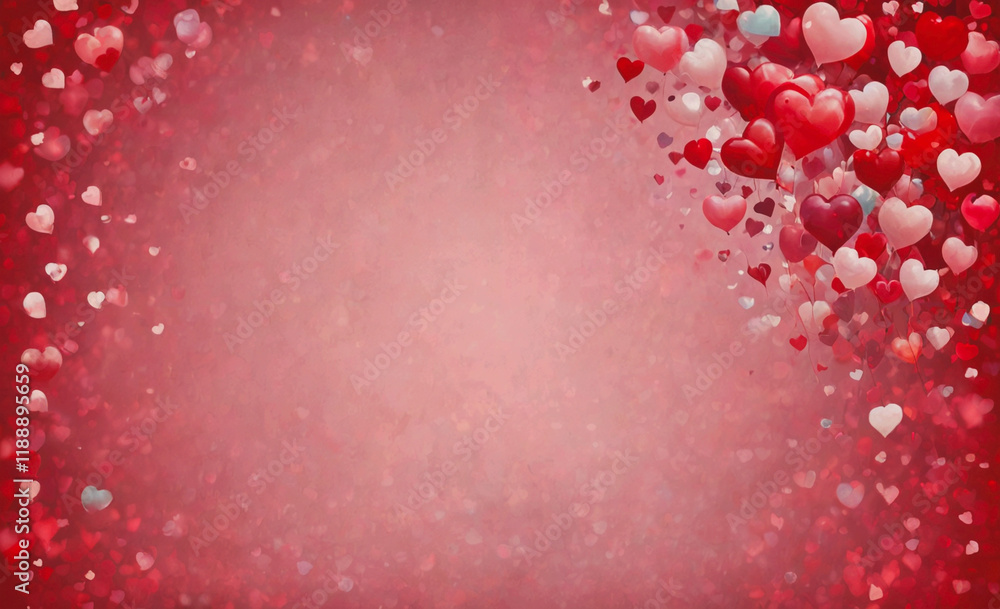 Poster red background with a bunch of hearts. the hearts are scattered all over the background
